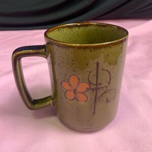 Vintage Otagiri Green Brown MugOrange Flowers Hand Painted.